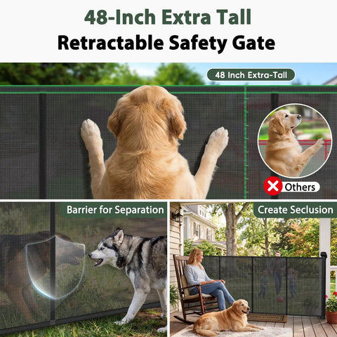Extra Wide Retractable Baby Gate Delivering Rock Solid Safety For Mega Garages Wide Driveways And Big Patios, 48 inches tall, with dogs.