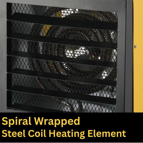 Heavy Duty Electric Forced Air Garage Heater With Remote Control 17060 Btu showing spiral wrapped steel coil heating element.