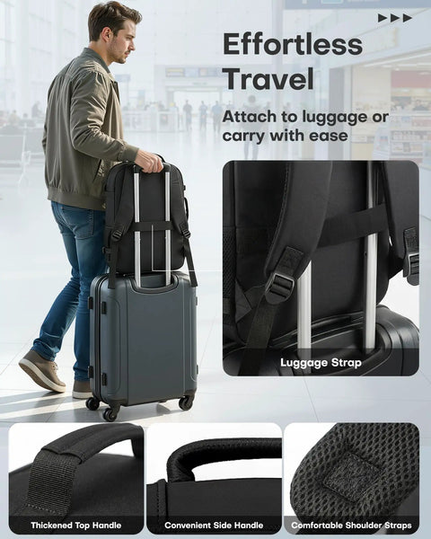 TSA Friendly Carry On Travel Backpack for Men and Women With 180 Degree Full Opening Waterproof Pocket on suitcase