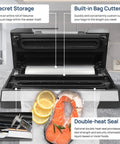 Vacuum Sealer Machine With 90Kpa Vacuum, Dry Moist And Liquid Modes, showing built-in bag cutter and double-heat seal feature.