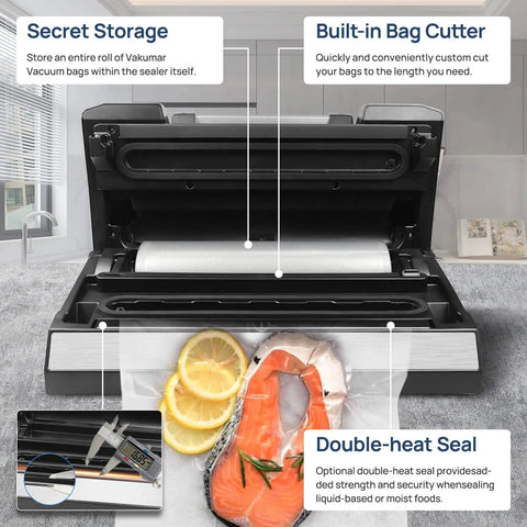 Vacuum Sealer Machine With 90Kpa Vacuum, Dry Moist And Liquid Modes, showing built-in bag cutter and double-heat seal feature.