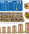 Heavy Duty 400 Piece Zinc Plated Rivet Nut Kit With UNC Threaded Inserts From 6-32 To 3/8-16 featuring flat head nutserts in assorted sizes.