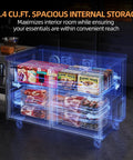Top Shelf Pro Build Commercial Undercounter Freezer With 48 Inch Stainless Steel Worktop Table, 13.4 Cu Ft Capacity Double Door Prep Fridge, Adjustable Wire Shelves For Kitchen Daily Grind - spacious internal storage showcasing frozen items.