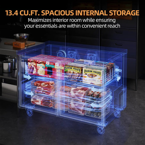 Top Shelf Pro Build Commercial Undercounter Freezer With 48 Inch Stainless Steel Worktop Table, 13.4 Cu Ft Capacity Double Door Prep Fridge, Adjustable Wire Shelves For Kitchen Daily Grind - spacious internal storage showcasing frozen items.
