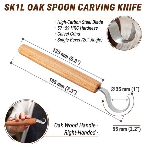 Left Handed Hook Whittling Knife Cut From Heavy Duty Carbon Steel For Easy Bowl And Kuksa Turning A Knockout Straight Shooter That Makes Precision Carving Look Effortless, 7.3" oak handle.