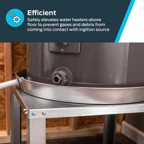 Close-up of galvanized steel 22 Inch Water Heater Stand For Up To 52 Gallons, Unassembled QuickStand System in basement