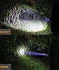 Ultra Bright Tactical Flashlight With 900 Lumen Zoomable Beam And Adjustable Focus showing zoom in and zoom out effects in woods.