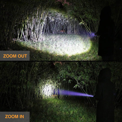 Ultra Bright Tactical Flashlight With 900 Lumen Zoomable Beam And Adjustable Focus showing zoom in and zoom out effects in woods.