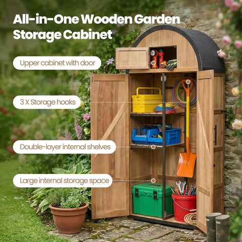 All In One Outdoor Storage Shed With Domed Roof Waterproof Tool Cabinet And Lockable Multi Functional Organizer For Patio Lawn Backyard Five Storage Spaces And Double Doors Solid Wood