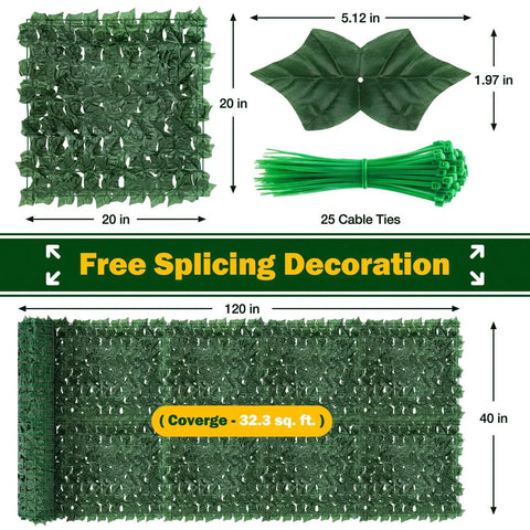 Dense Leaf Ivy Privacy Fence Screen 120x40 Inches No Gap Faux Ivy Wall Panel with dimensions and cable ties shown