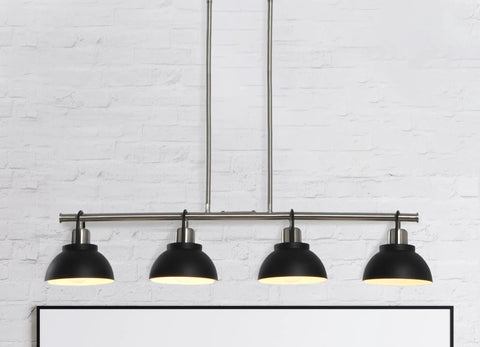 Walsh Four Light Linear Chandelier With Metal Shades In Brushed Nickel And Matte Black Mid Century Vibe Ceiling Fixture showcased