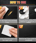 Four steps showing how to use Black Leather Repair Kit and Vinyl Patch to fix car or furniture damage.