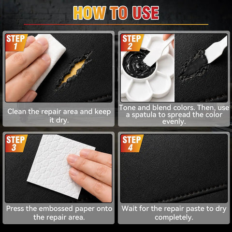 Four steps showing how to use Black Leather Repair Kit and Vinyl Patch to fix car or furniture damage.