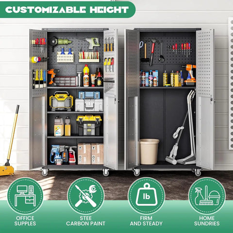 Heavy Duty 10 Piece Steel Garage Cabinet System With Workbench All In One Modular Garage Storage Set with open doors showcasing organized tools and supplies