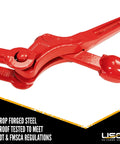 Tough As Nails Lever Load Binder For Half Inch Grade 70 Chain With 13000 Pound Working Load Limit And 52000 Break Strength Rock Solid Forged Steel Hauling Clamps Two Pack Heavy Duty Rigging Gear close-up of red drop forged steel lever action mechanism