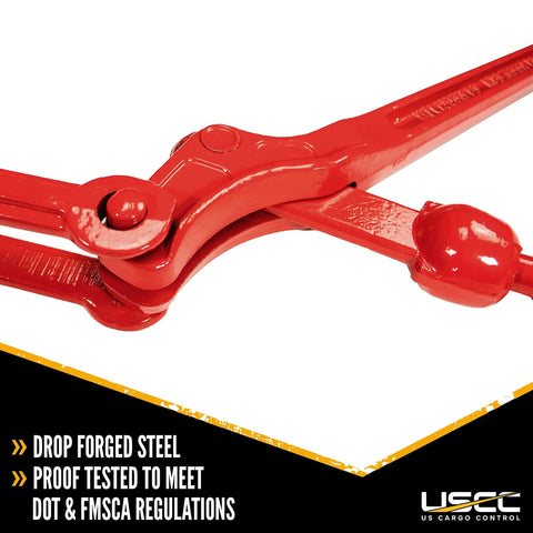 Tough As Nails Lever Load Binder For Half Inch Grade 70 Chain With 13000 Pound Working Load Limit And 52000 Break Strength Rock Solid Forged Steel Hauling Clamps Two Pack Heavy Duty Rigging Gear close-up of red drop forged steel lever action mechanism