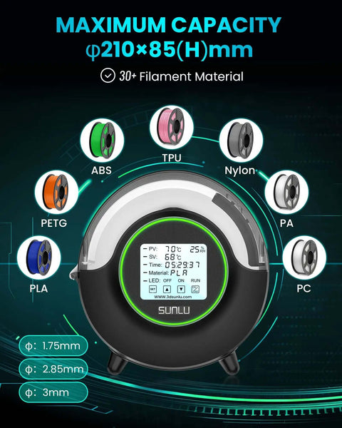 Filament Dryer Box S2 With 360 Degree Heating And Dual Heating Sheets, showcasing touchscreen and compatible filaments.