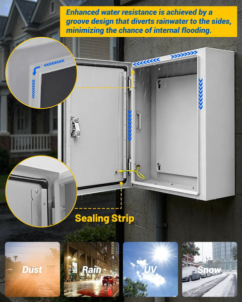 Heavy Duty Electrical Junction Box 16x12x8 Inch IP66 Nema 4X Rated Steel Enclosure with sealing strip to protect against water damage.