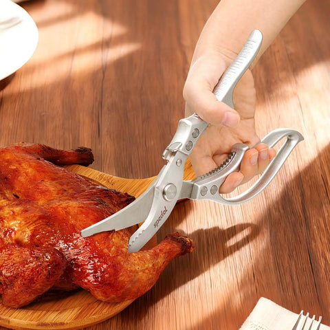 Heavy Duty Kitchen Scissors For Meat And Poultry, All Purpose Kitchen Shears With Serrated Edge For Scaling, Bone And Rib Cutting, Veggie Prep, Safe Lock, Durable, Reliable, Easy To Use on roasted chicken
