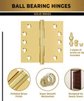 Beefy Heavy Duty Ball Bearing Door Hinges Solid Brass 5 By 5 Inches Polished Gold Finish With Decorative Tips Included