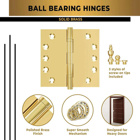 Beefy Heavy Duty Ball Bearing Door Hinges Solid Brass 5 By 5 Inches Polished Gold Finish With Decorative Tips Included