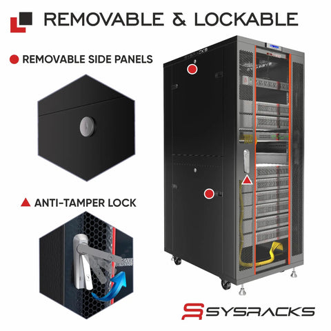 42U Server Rack Cabinet On Wheels With Glass Door 32 Inch Deep, featuring removable side panels and anti-tamper lock for IT equipment.