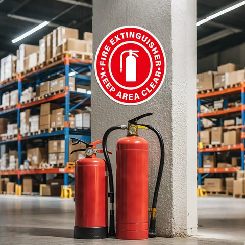 Five Pack Fire Extinguisher Keep Area Clear Sign 17 By 17 Inches Big Caution Safety Warning Sticker on warehouse wall