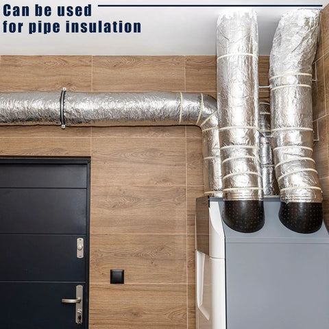 Two Roll Gray Duct Insulation Wrap With Thermal Foil Backing For HVAC Vents And Air Ducts 12 Inch Wide 20 Feet Long installed on pipes.