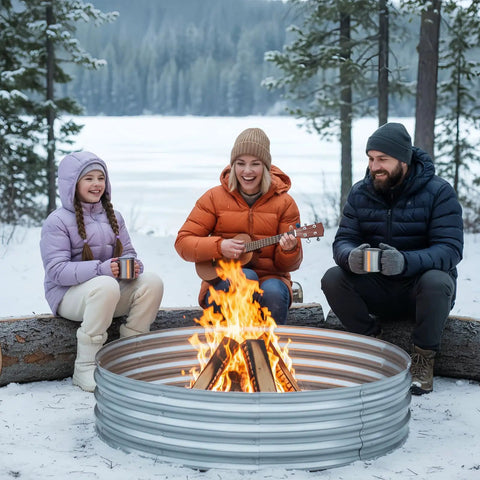 Family enjoying winter campfire in Beefy 60 Inch Galvanized Steel Fire Pit Ring Raised 12 Inch Heavy Duty Wood Burning Campfire Ring
