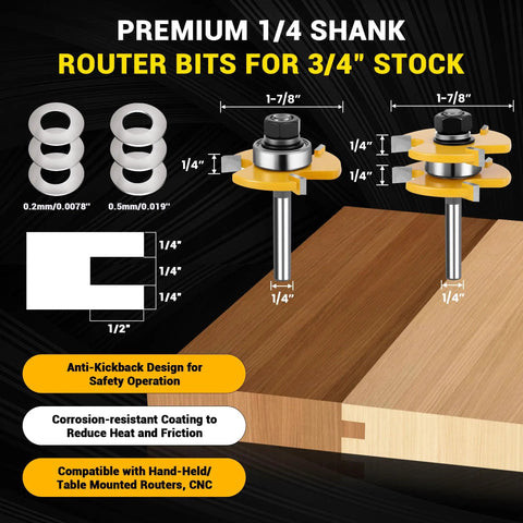 2 Pack Tongue And Groove Router Bit Set 1/4 Inch Shank, Adjustable 3 Tooth T Style Bits For 3/4 Inch Stock, features and dimensions