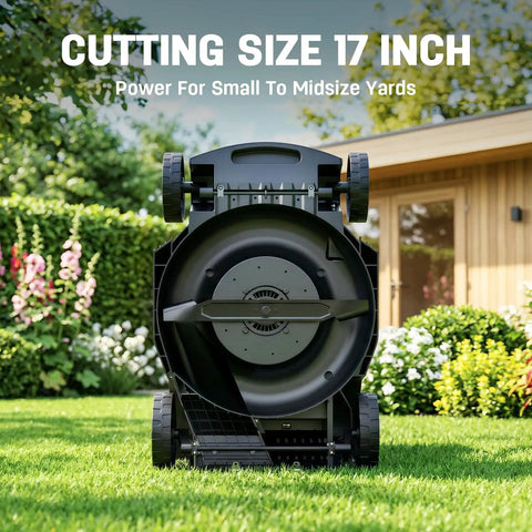 17 Inch Electric Lawn Mower with Brushless Motor and 6 Height Settings for Small to Medium Yards on lawn