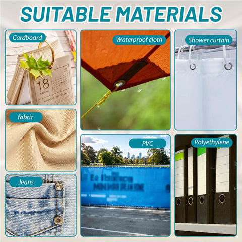 Various materials suitable for Heavy Duty Grommet Kit With One Quarter Inch And Three Eighth Inch Dies, including waterproof cloth, PVC, and more.