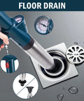 Heavy Duty High Pressure Air Plunger Kit Total Game Changer For Blocked Drains No Sweat Clog Knockout Tool used on floor drain.