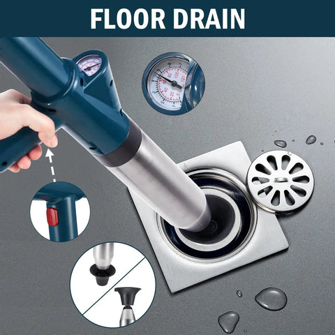 Heavy Duty High Pressure Air Plunger Kit Total Game Changer For Blocked Drains No Sweat Clog Knockout Tool used on floor drain.