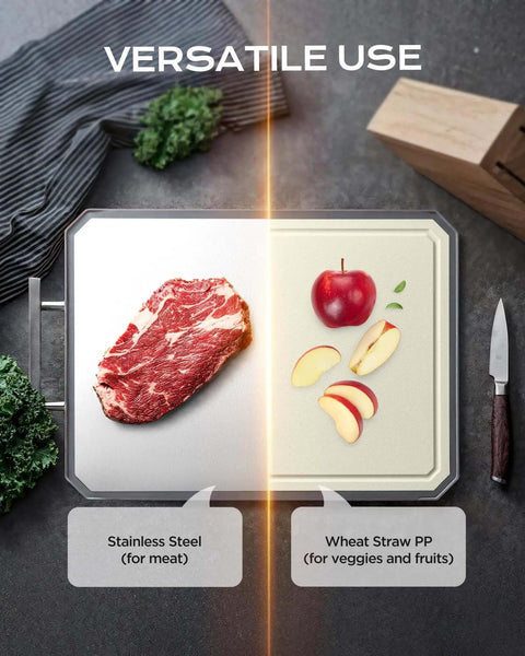 Double Sided Stainless Steel Meat Cutting Board And Wheat Straw Veggie Board Large 16 By 11 Inch with meat and apple slices