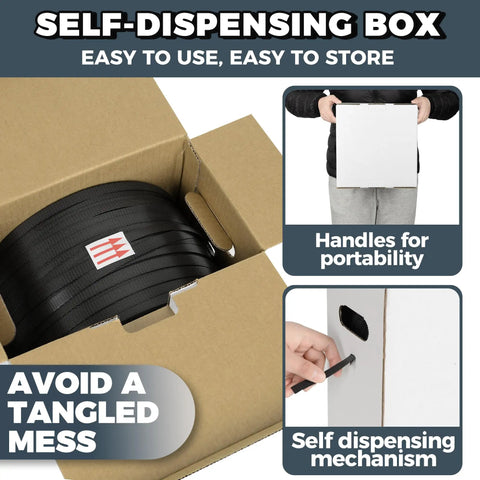 Heavy Duty Polypropylene Pallet Strapping Roll One Thousand Feet Long Half Inch Wide Four Hundred Pound Break Strength Self Dispenser Box with handles