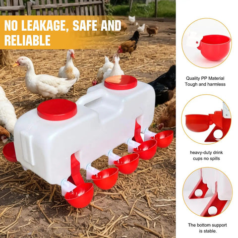 Backyard Boss Automatic Chicken Waterer Featuring Ten Heavy Duty Cups Plus A 9.6 Gallon Self Filling Reservoir in use with chickens.