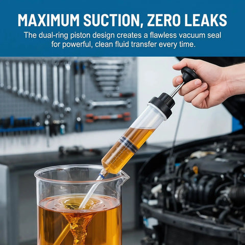Heavy Duty Manual Fluid Extractor Pump 200cc Oil Suction Syringe With Dual Tubing Set For No Sweat Brake And Power Steering Fluid Transfers Leak Tight Tool For Road Warriors in action extracting fluid.