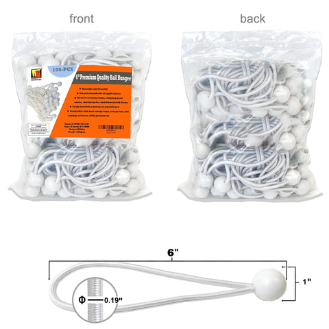 6 Inch Heavy Duty 5mm Ball Bungee Canopy Cords Set 100 Pieces White Durable Elastic Ties for Tents with packaging shown