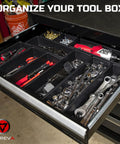Open drawer with Extra Large Tool Box Organizer Tray Set 12 Piece Divider Kit With Non Slip Trays In 4 Sizes holding tools.