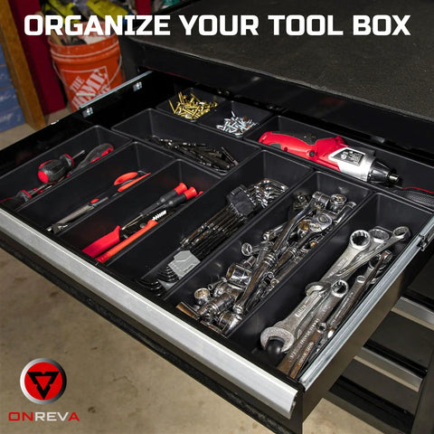 Open drawer with Extra Large Tool Box Organizer Tray Set 12 Piece Divider Kit With Non Slip Trays In 4 Sizes holding tools.