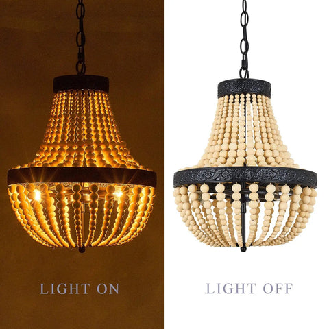 Boho Natural Wood Beaded Pendant Light With Long Plug In Cord And Chain Three Light Black Hanging Lamp glowing and unlit