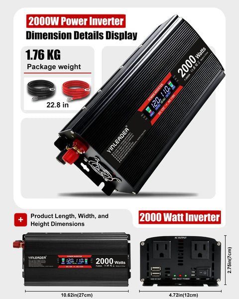 No Sweat Setup Heavy Duty Road Warrior 2000 Watt 12V DC To 110V AC Inverter With Smart LCD Screen, detailed dimensions and package weight.