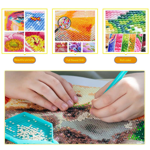 Beginner Friendly Diamond Painting Kit With Full Round Drills, hands placing gems on Glowing Dream Forest canvas