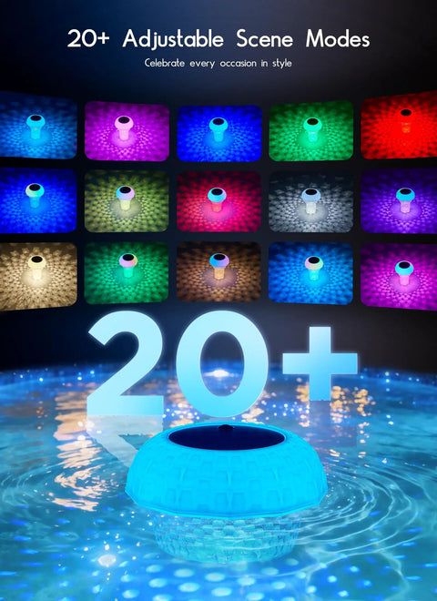 Floating Pool Lights With Connectable LED String Lights, 38 Foot Waterproof Kit displaying multicolor modes in water.
