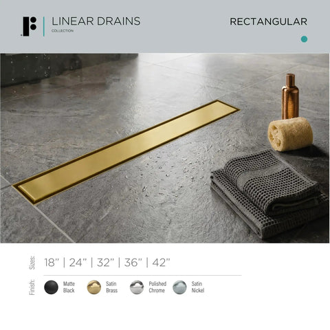 Rugged 42 Inch Linear Shower Drain With Flip Style Tile Cover And Sleek Satin Brass Trim crafted from Bulletproof 304 Stainless Steel on shower floor.