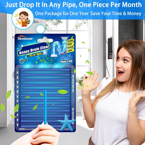 Power Enzyme Drain Cleaner Sticks in packaging, designed to remove clogs and odors, displayed in a bathroom with user.