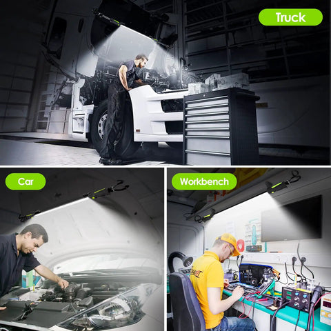 Magnetic Underhood LED Work Light 2000 Lumens Cordless With 5200mAh Rechargeable Battery illuminating truck and car.