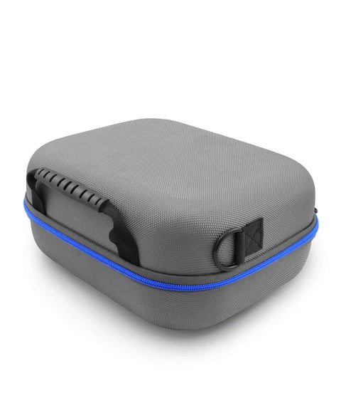 Heavy Duty CPAP Travel Case Compatible With Airmini Device And Airfit P10 Mask Setup featuring gray shell with blue trim and grab handle.