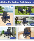 Set Of 4 Navy Blue Patio Chair Cushions, 19x19x3 Inch Outdoor Seat Cushions With Handle And Ties, Waterproof And Fade Resistant, Comfy High Density Foam For Patio, Garden Or Camping Use, shown in various settings including beach, garden, patio, balcony, and indoor.